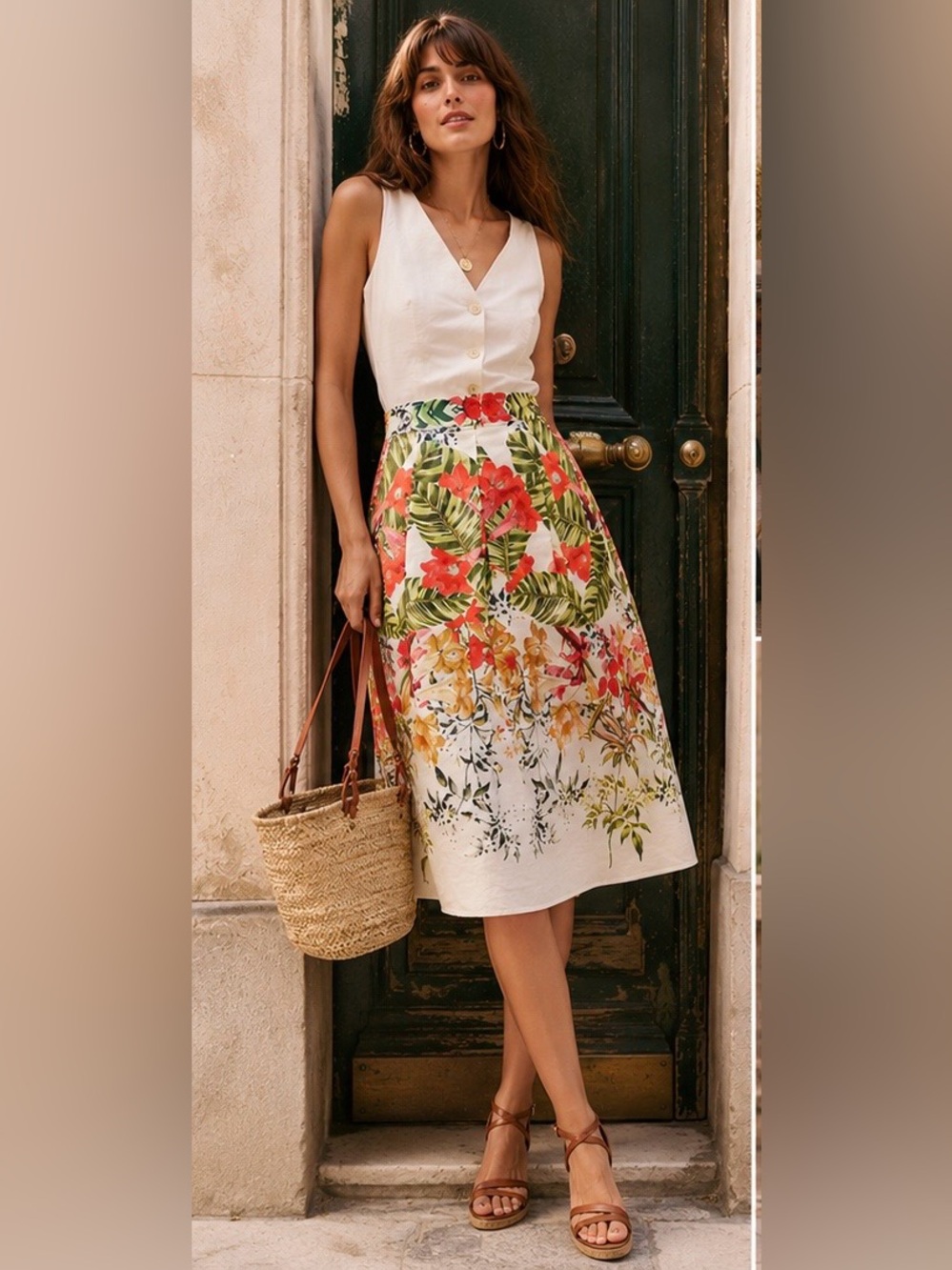 Talbots Linen / Cotton Tropical Floral Print A-line Midi Skirt. New 10